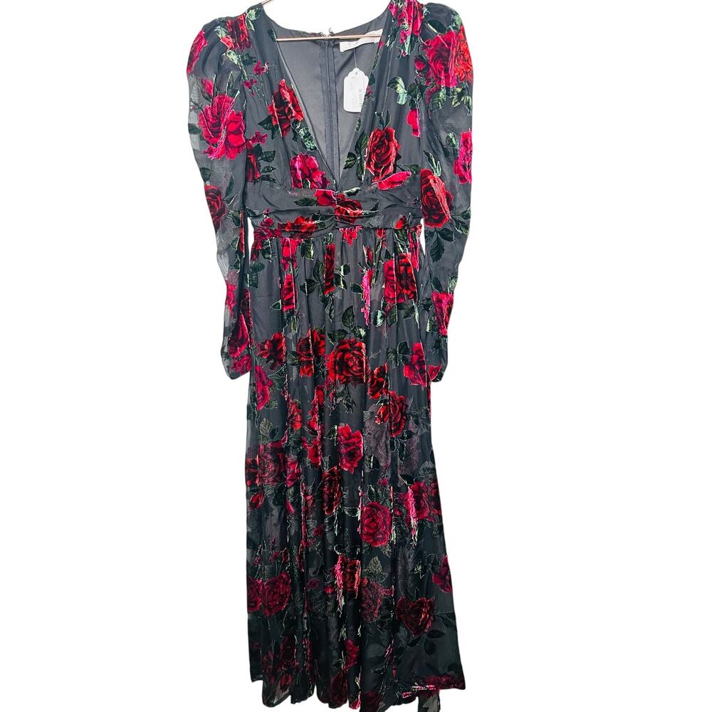 RACHEL PARCELL Black Red Floral Burnout A-Line Plunge Neckline Dress Size 0 - Picture 7 of 16